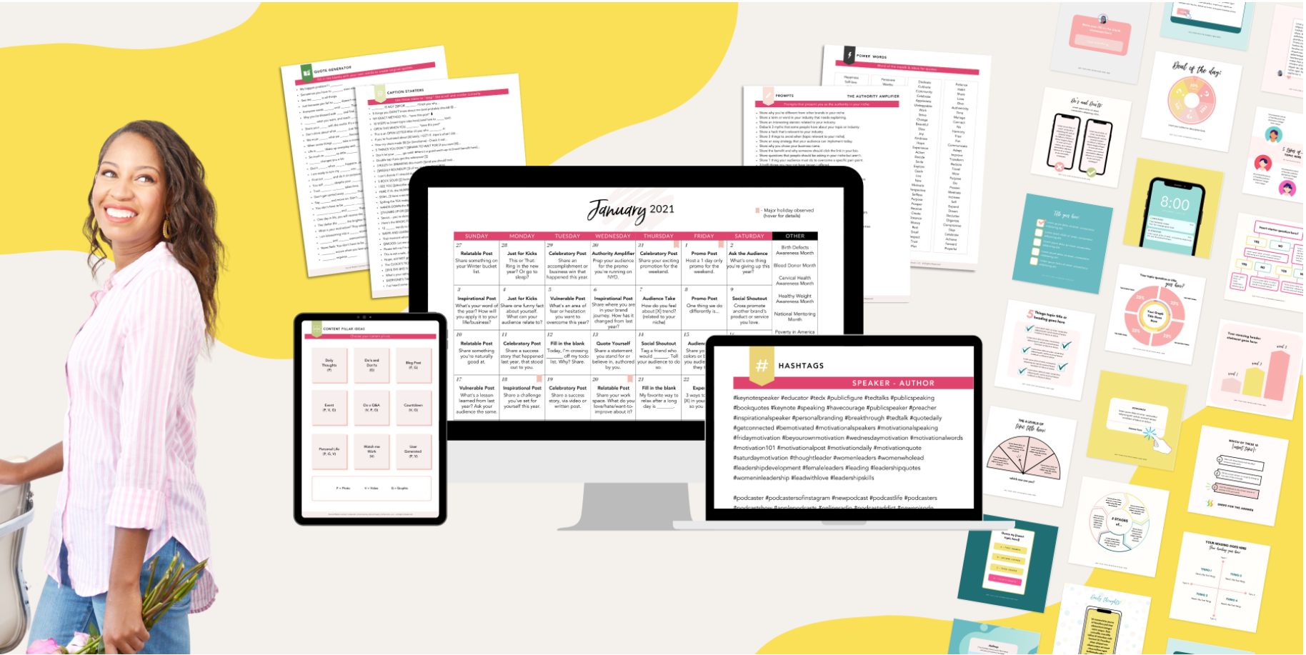 Content calendars, infographics and pictures are aligned on the screen. A young woman looks off from the camera, smiling. 